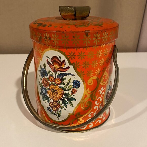 Vintage English Orange Floral Toffee Tin Canister 4.5x3.5 Cottagecore